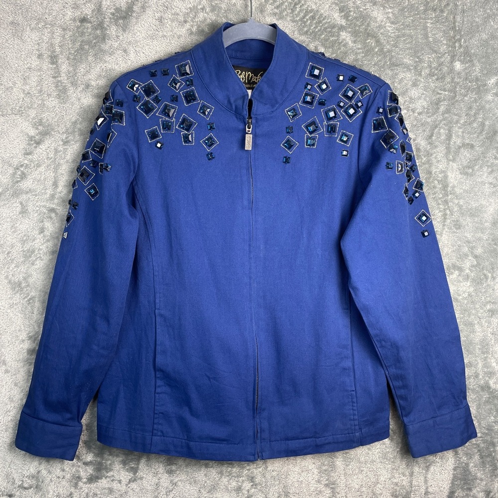 Bob Mackie Wearable Art Jacket Small Blue Embellished Full Zip Cotton Stretch